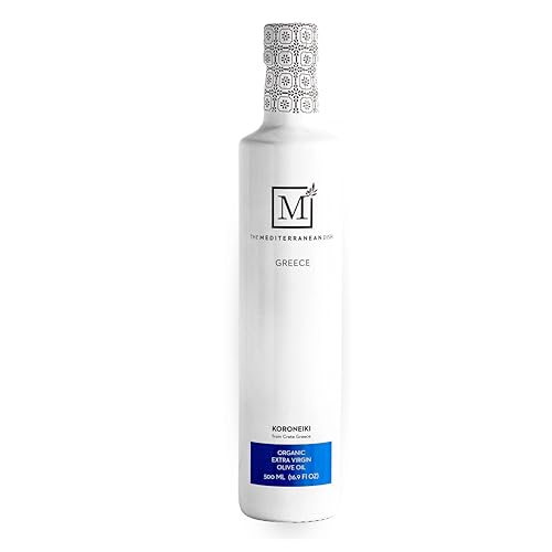 The Mediterranean Dish Koroneiki Organic Greek Gourmet Extra Virgin Olive Oil - Cold Pressed - Single Origin Greek EVOO from Crete - High Polyphenols - Medium Intensity - 500ml Glass Bottle