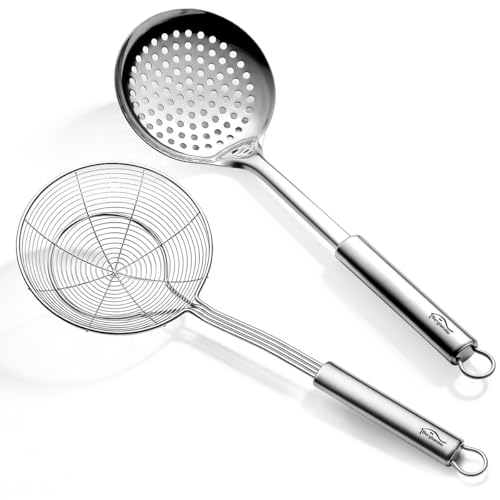 Berglander Spider Strainer Skimmer Ladle 2 Pieces, Stainless Steel Kitchen Skimmer Slotted Spoons for for Straining Pasta/Cooking/Frying, Kitchen Utensils Wire Strainer Pasta Spoon