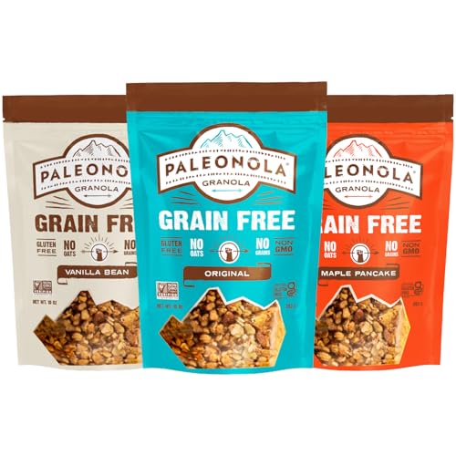 Paleonola Grain Free Granola, Variety Pack of 3 (10oz Resealable Bag Each) - Original, Vanilla Bean & Maple Pancake - Low Carb Paleo Granola w/Dried Coconut, Nuts, Seed - Non-GMO, Gluten & Dairy Free