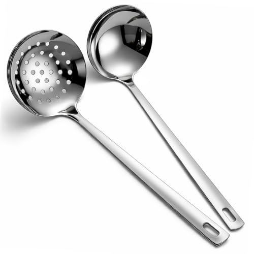 Berglander Slotted Spoons and Kitchen Ladle Spoon Set 2 Pcs, Stainless Steel Kitchen Spider Strainer Skimmer Soup Ladle for Straining Pasta/Cooking/Frying, Serving Soup/Gravy, Metal Kitchen Utensils