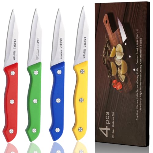 EMERZ Paring Knife Set of 4, Stainless Steel Paring Knives,3.5inch,Ergonomic Plastic Triple Rivet Handle,Sharp Small Kitchen Knife for Peeling Coring Cutting,Colorful Parers for Fruit&Vegetable