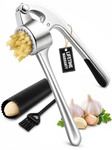 CUNSENR Garlic Press and Peeler Set, Heavy Duty Mincer with Brush, Silver