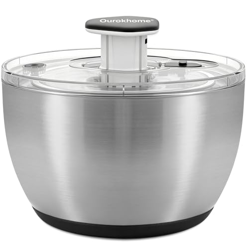 Ourokhome 6.3 QT Stainless Steel Salad Spinner, Large Lettuce Spinner with One-Hand Press Pump, Brake Button, Non-Slip Base and Retractable Handle, Vegetable Washer & Dryer for Greens, Fruits and Herb