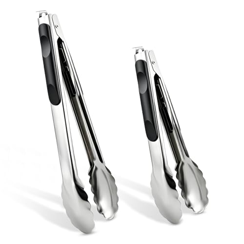 AskBed 2 Pcs 9/12 Inch Kitchen Tongs for Cooking, BBQ & Salad, Heat-Resistant Stainless Steel Locking Tongs Set, Dishwasher Safe - Premium Kitchen Appliances & Cooking Tools