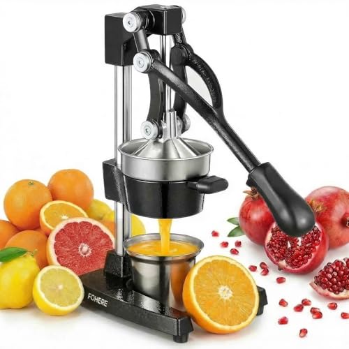 FOHERE Cast Iron Juicer Hand Press, Manual Citrus Squeezer with 400ml Cup | Heavy duty orange & pomegranate press. High juice yield in 3s. Dishwasher safe stainless steel parts. For home & bar.