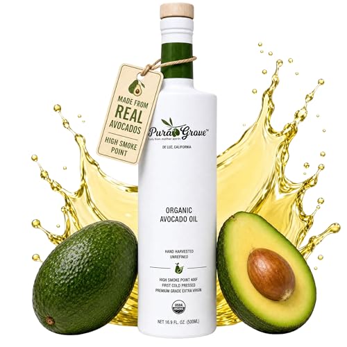 Pura Grove Organic Avocado Oil For Cooking - High Smoke Point Cold Pressed Premium Grade Avocado Oil - 16.9 Fl Oz Opaque Glass Bottle