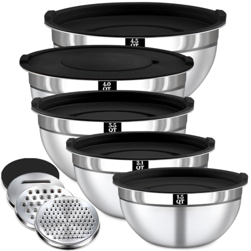 Boskermeal 8PCS Mixing Bowls with Lids Set - 5 Nesting Mixing Bowls, 3 Grater Attachments, Lids, Stainless Steel Mixing Bowls for Mixing & Serving, Size 1.5/2.1/3.5/4/4.5 QT, Black