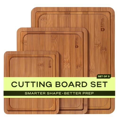 ROYAL CRAFT WOOD Wooden Cutting Boards for Kitchen Meal Prep & Serving - Bamboo Non Toxic Cutting Board Set with Deep Juice Groove Side Handles - Charcuterie & Chopping Butcher Block for Meat (3 Pcs)