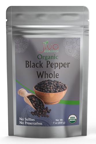 Organic Whole Black Peppercorns 7 Oz - Premium Ceylon Quality From Sri Lanka, Pepper, Premium Grade for Grinder Refill - by Jiva Organics