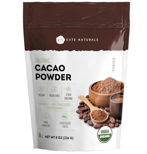 Kate Naturals Organic Cacao Powder, Unsweetened for Coffee & Smoothies, 8oz