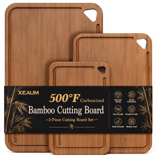Bamboo Cutting Board for Kitchen, 3-Piece Wooden Cutting Board Set with Juice Grooves, Side Handles, Non-Slip Mats, Reversible Boards for Meat, Vegetables, Fruit, Kitchen Gift