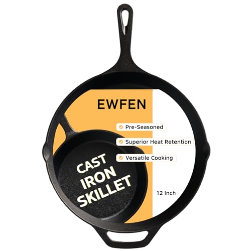 EWFEN Cast Iron Skillet 12 Inch, Pre-Seasoned Frying Pan, Heavy-Duty Professional Restaurant Chef Quality Cookware with Drip Spout, Indoor & Outdoor Use, Compatible with Oven, Stove, Grill & Campfire