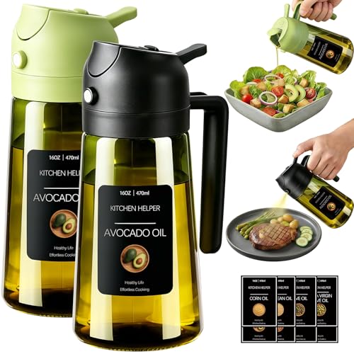 Poshetion 2 in 1 Olive Oil Sprayer for Cooking, 16oz Light-Proof Oil Dispenser for Kitchen, Leak-Proof Oil Spray Bottle for Air Fryer, Salad, BBQ, Baking, Grilling - Black & Green