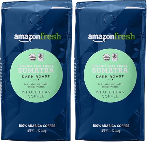 Amazon Fresh Organic Fair Trade Sumatra Whole Bean Coffee, Dark Roast, 12 Ounce (Pack of 2)