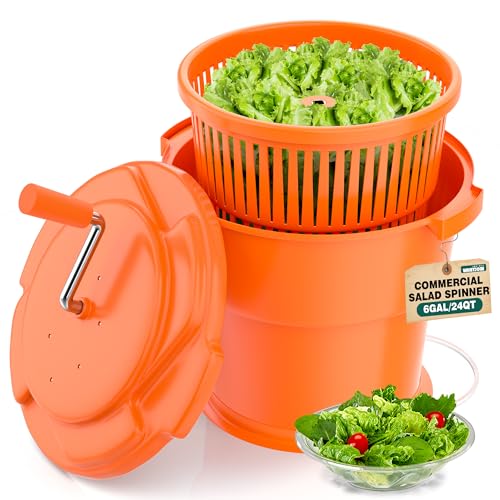 WantJoin Commercial Salad Spinner - 6 Gallon Salad Dryer w/Silicone Anti-slip Mat & Draining Hose, 26Qt Manual Salad Spinner for up to 7 Heads of Lettuce Spinner Large for Catering, Orange