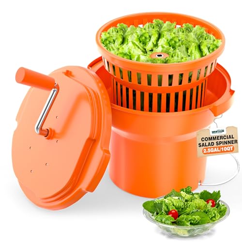WantJoin Commercial Salad Spinner - 2.5 Gallon/10Qt Salad Dryer, Orange | Food Grade Sturdy Plastic, Reinforced Aluminum Handle, Draining Hose, Dries 3 Heads Lettuce, Fast heavy-duty Salad dryer