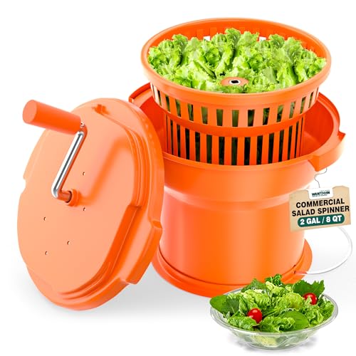 WantJoin Commercial Salad Spinner - 2 Gallon Salad Dryer w/Silicone Anti-slip Mat & Draining Hose, 10Qt Manual Salad Spinner for 3 Heads of Lettuce Spinner Large for Catering, Orange