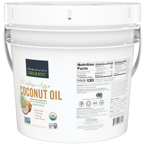 Viva Naturals Organic Coconut Oil, 128 fl oz – Unrefined, Cold-Pressed Extra Virgin Coconut Oil, USDA Organic & Non-GMO, Natural Cooking Oil, Hair Oil & Skin Oil