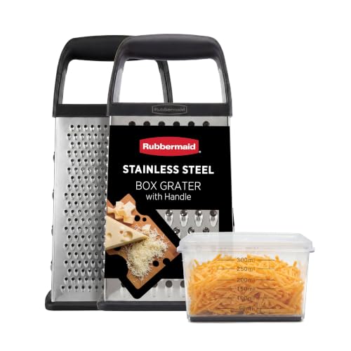 Rubbermaid EZ Grip Box Grater, Stainless Steel Cheese Grater & Container - BPA Free Multi-Surface Cheese Shredder & Food Grater for all Vegetables | Graters for Kitchen -Non-Slip Base, Dishwasher Safe