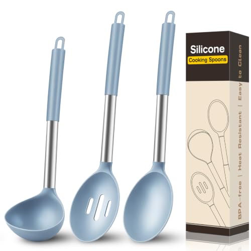 3Pcs Silicone Cooking Spoon Set, Kitchen Utensils Include Solid & Slotted Spoon, Soup Ladle, Food-Grade Heat Resistant 446°F, Non-Scratch Spoons for Serving, Stirring, Draining, Dishwasher Safe, Blue