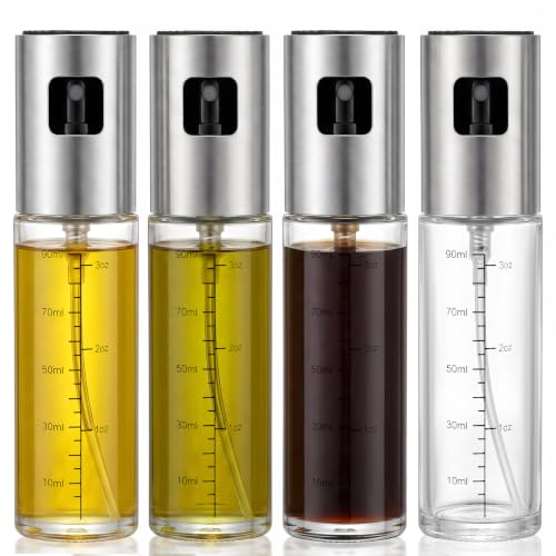 RMNJPW 4 Pack 100ml Glass Olive Oil Sprayer with Scale & 4 Label Stickers, Refillable Fine Mist Oil Dispenser for Air Fryer, Salad, Baking, Grilling, Frying