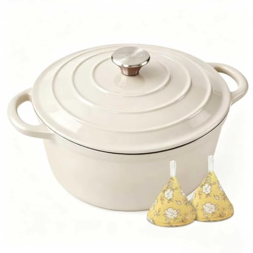 JINCHUFURI 5 Qt Enameled Cast Iron Dutch Oven with Lid, Cream