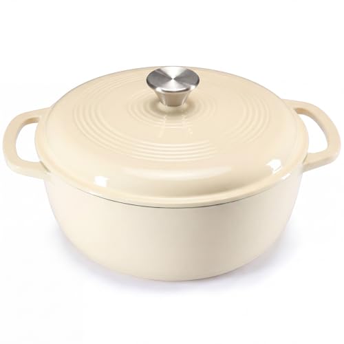 NEWBULIG 6 Quart Cast Iron Dutch Oven, Enamel Dutch Oven Pot with Lid Beige