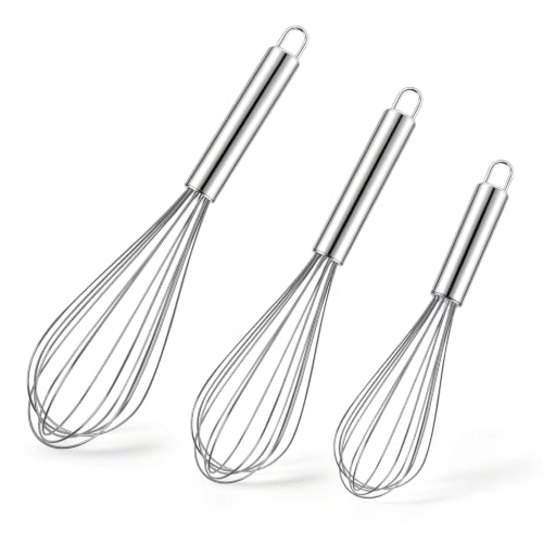 Ninsula 3 Pack Stainless Steel Whisk, 8" 10" 12" Thicken Heavy Duty Whisk Set, Food Grade Kitchen Wire Whisks for Cooking, Whisking, Blending, Stirring
