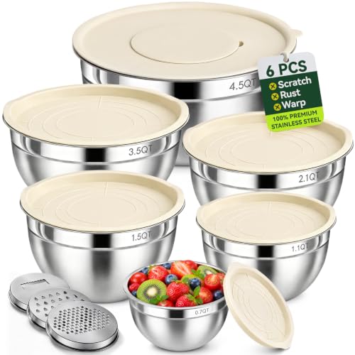 RFAPPMV Stainless Steel Mixing Bowls: 6 Nesting Bowls with Lids & 3 Graters