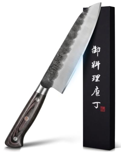 kanngou 7 Inch Santoku Chef Knife, Black Forged AUS-8 Steel Kitchen Knife