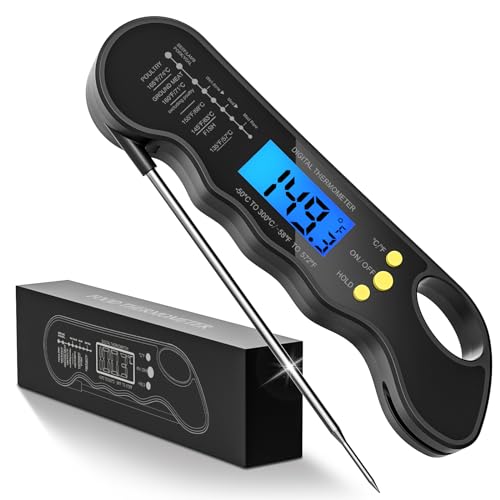 Instant Read Meat Thermometer, Fast & Accurate Digital Food Thermometer with Backlight, Waterproof & Magnet for Grilling, Cooking, BBQ, Smoker, Baking, and Candy Making (Black)