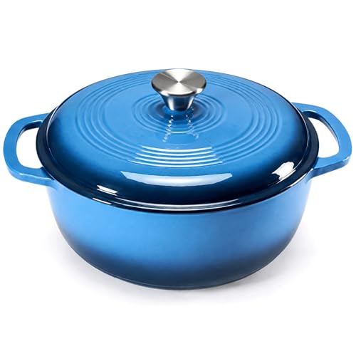 DUMOS Cast Iron Dutch Oven, 6 Quart Pot with Lid, Enameled Heavy Duty Cookware, Oven Safe to 500°F, Perfect for Bread Baking, Stews and Roasting, Moisture Sealing Lid with Dual Handles, Gradient Blue