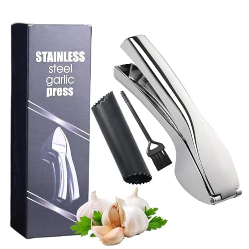 Heavy Duty Garlic Press, Zinc Alloy Garlic Crusher & Mincer, Stainless Steel Dishwasher Safe Easy Squeeze Garlic Twister Mincer with Peeler & Cleaning Brush, Kitchen Gadgets for Garlic, Ginger, Spices