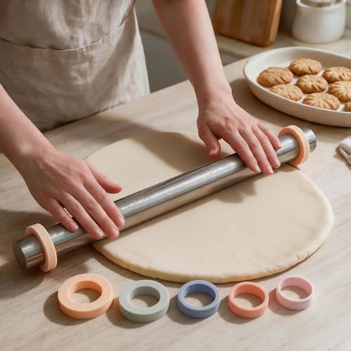 Rolling Pin with Thickness Rings for Baking: Dough Roller for Cake Pop | Long 17.5'' Stainless Steel Pastry Roller Pin Fits Large 9 - 16" Pie Crusts - Adjustable Pin for Cookie Fondant Pizza - Baker