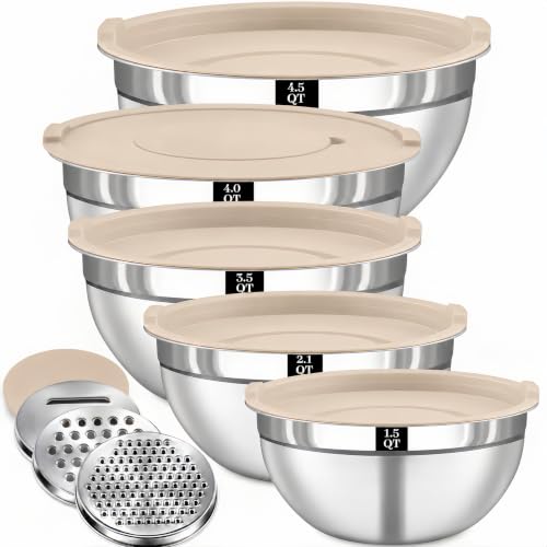 Boskermeal 8PCS Stainless Steel Mixing Bowls with Lids - 5PCS Nesting Bowls, 3 Grater Attachments for 4.0 QT Bowl, Stainless Steel Mixing Bowls for Mixing & Serving, Size 1.5/2.1/3.5/4/4.5 QT, Khaki