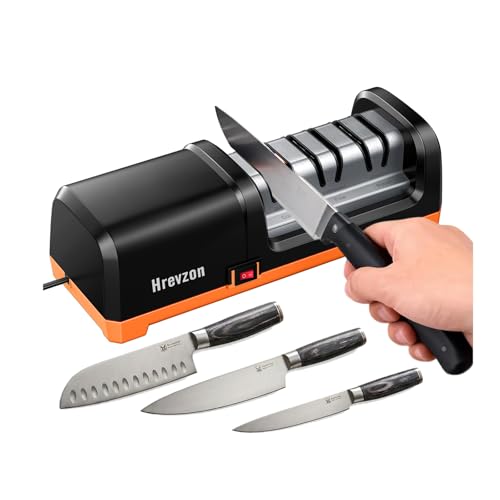 2026 New Electric Knife Sharpener for Kitchen Knives, 3-Stage Professional Automatic Quickly Sharpening/Polishing System with 100% Diamond Abrasives, 20° Precision Angle, Non-Slip Base, Black/Orange