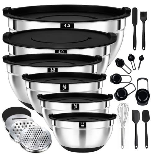 Greenloom 21 PCS Black Mixing Bowls with Lids Set, Size 4.5, 4, 3.5, 2.1, 1.5, 1.1 QT for Baking, Stainless Steel Bowls with Non-Slip Base and Grater Attachments