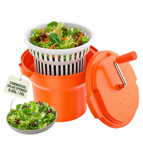 TORLENTEX Commercial Salad Spinner - 6.6 Gallon Salad Dryer with Draining Hose, Large 24Qt Manual Spinner for up to 7 Heads of Lettuce for Catering
