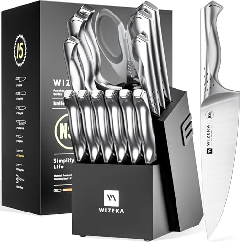 WIZEKA Kitchen Knife Set, 15 Piece Knife Block Set with Sharpener