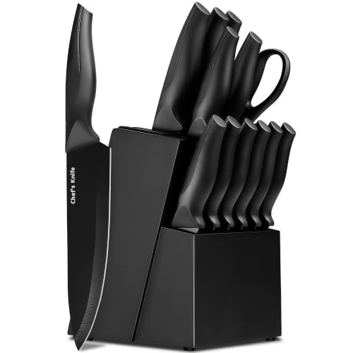 LINHAO 14-Piece Black Kitchen Knife Block Set with Built-In Sharpener