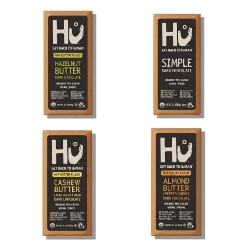 Hu Chocolate Dark Chocolate Variety Pack, 4 Flavors, 4 Pack, Assorted Dark Chocolate Bars, Individually Packaged Sweet Treats for Snacking, Sharing, Gifting, Desserts & On the Go