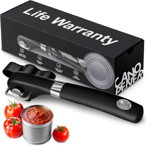 Can Opener Smooth Edge Side Cut - Stainless Steel Manual Can Opener, Handheld Can Opener for Standard Size Cans, No Sharp Edges, Reusable Lid, With Turn Knob for Everyday Use